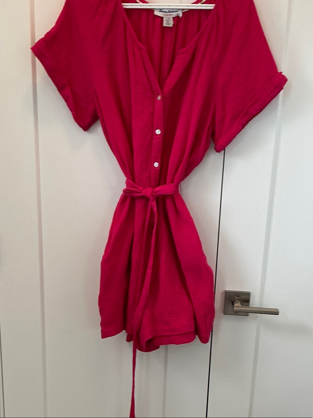 Tommy Bahama Hot Pink Button-Front Romper with Tie Waist